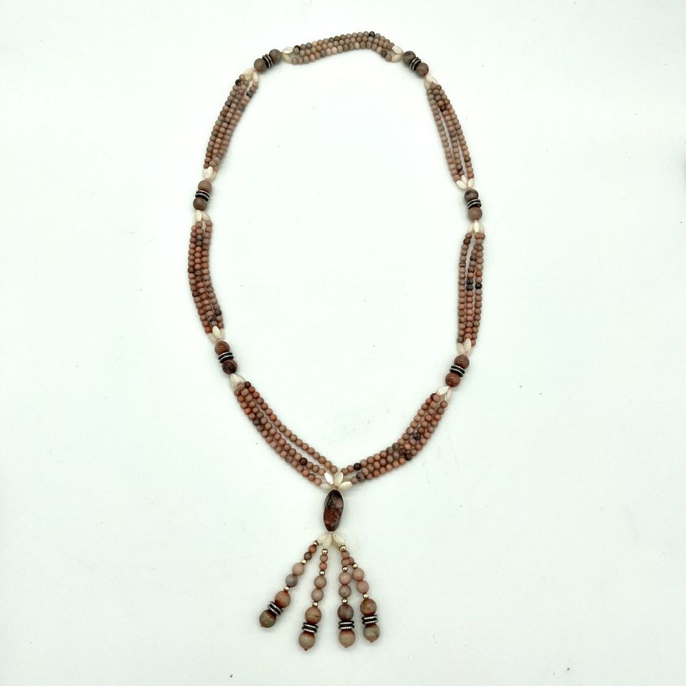 Multi-Strand Peach Pink‎ Moonstone Beaded Necklace with Tassel Pendant - Picture 2 of 4
